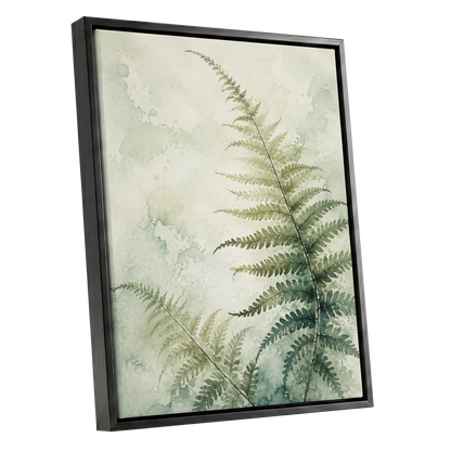 Ferns in Pale Mist, green, beige, white nature wall art shown as a black framed canvas wall art