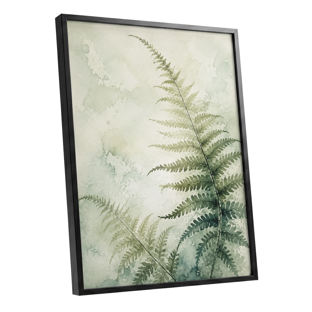 Ferns in Pale Mist, green, beige, white nature wall art shown as a black framed poster wall art print