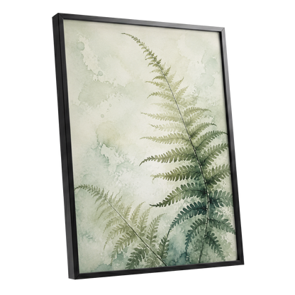 Ferns in Pale Mist, green, beige, white nature wall art shown as a black framed poster wall art print