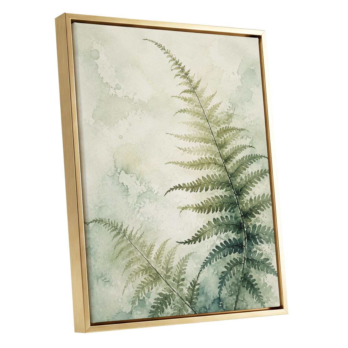 Ferns in Pale Mist, green, beige, white nature wall art shown as a gold framed canvas wall art
