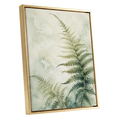 Ferns in Pale Mist, green, beige, white nature wall art shown as a gold framed canvas wall art