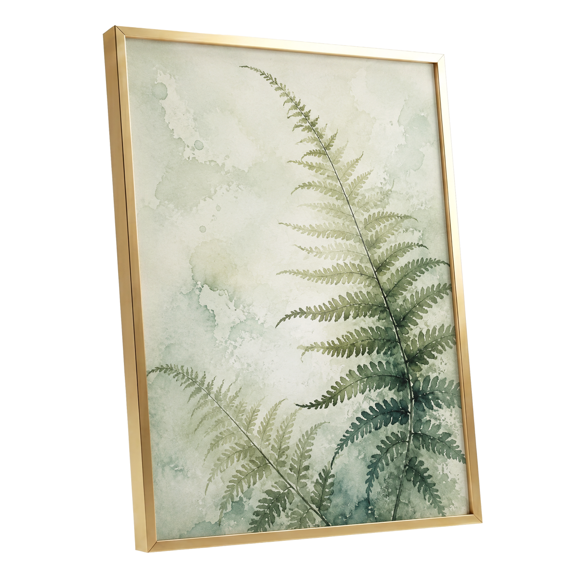 Ferns in Pale Mist, green, beige, white nature wall art shown as a gold framed poster wall art print