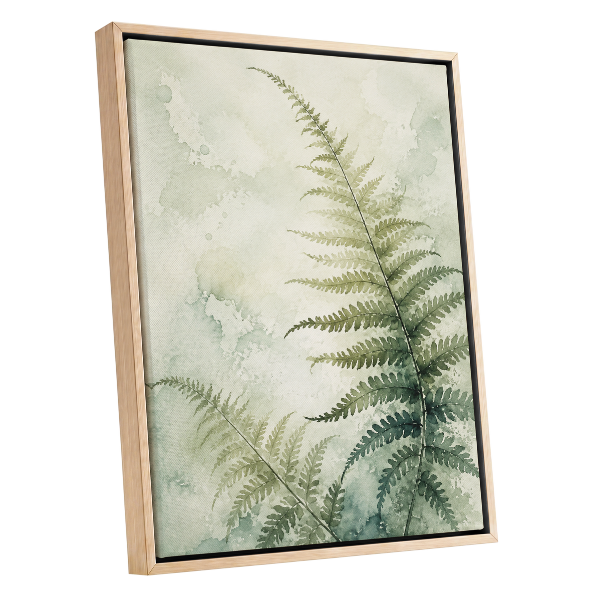 Ferns in Pale Mist, green, beige, white nature wall art shown as a oak framed canvas wall art