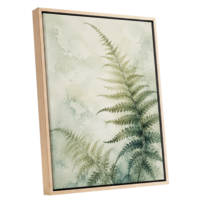 Ferns in Pale Mist, green, beige, white nature wall art shown as a oak framed canvas wall art