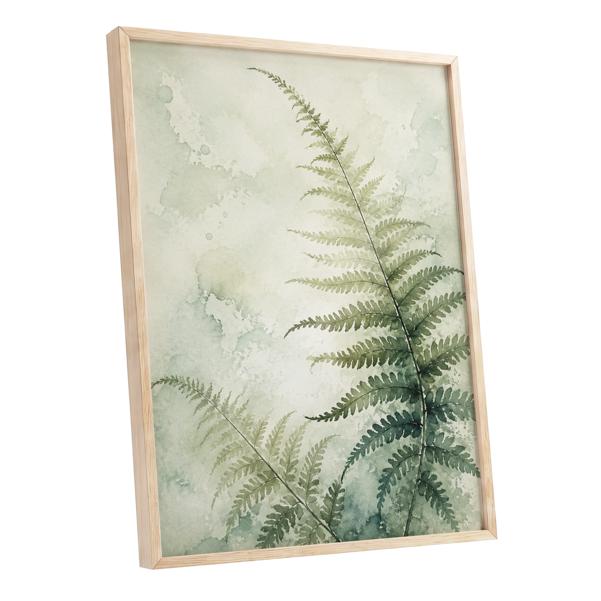 Ferns in Pale Mist, green, beige, white nature wall art shown as a oak framed poster wall art print
