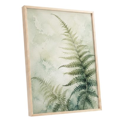 Ferns in Pale Mist, green, beige, white nature wall art shown as a oak framed poster wall art print