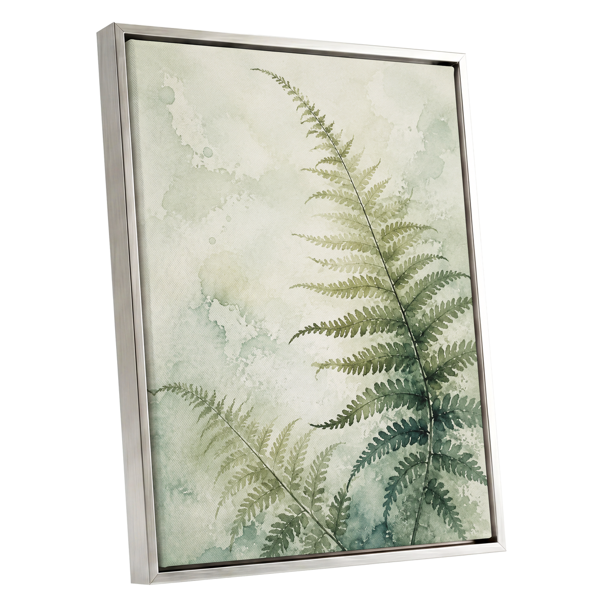 Ferns in Pale Mist, green, beige, white nature wall art shown as a silver framed canvas wall art