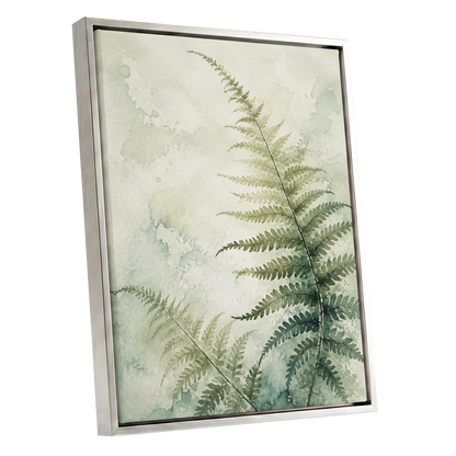 Ferns in Pale Mist, green, beige, white nature wall art shown as a silver framed canvas wall art