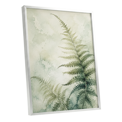 Ferns in Pale Mist, green, beige, white nature wall art shown as a silver framed poster wall art print