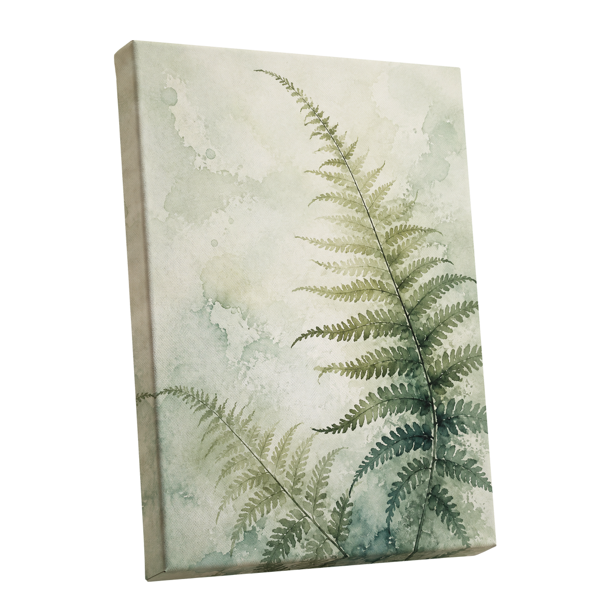 Ferns in Pale Mist, green, beige, white nature wall art shown as a stretched canvas wall art