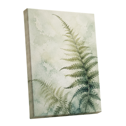Ferns in Pale Mist, green, beige, white nature wall art shown as a stretched canvas wall art