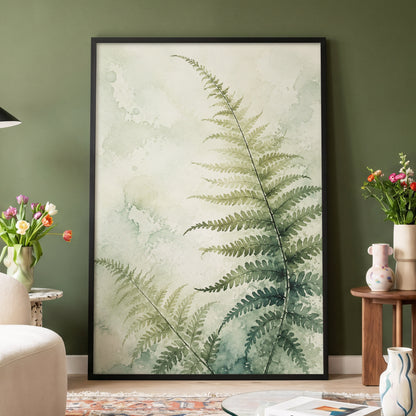 Ferns in Pale Mist, green, beige, white nature wall art displayed in a styled interior, gallery view 2