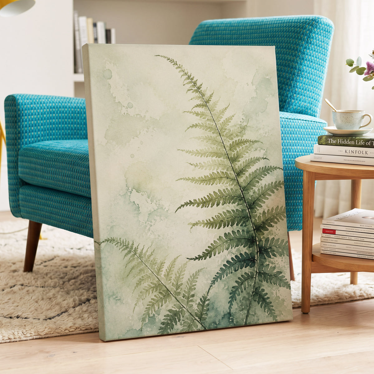 Ferns in Pale Mist, green, beige, white nature wall art displayed in a styled interior, gallery view 3