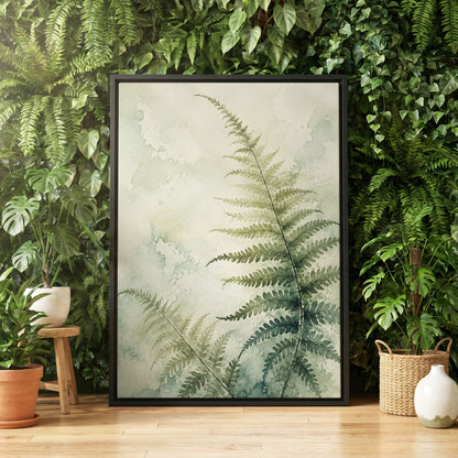 Ferns in Pale Mist, green, beige, white nature wall art displayed in a styled interior, gallery view 4