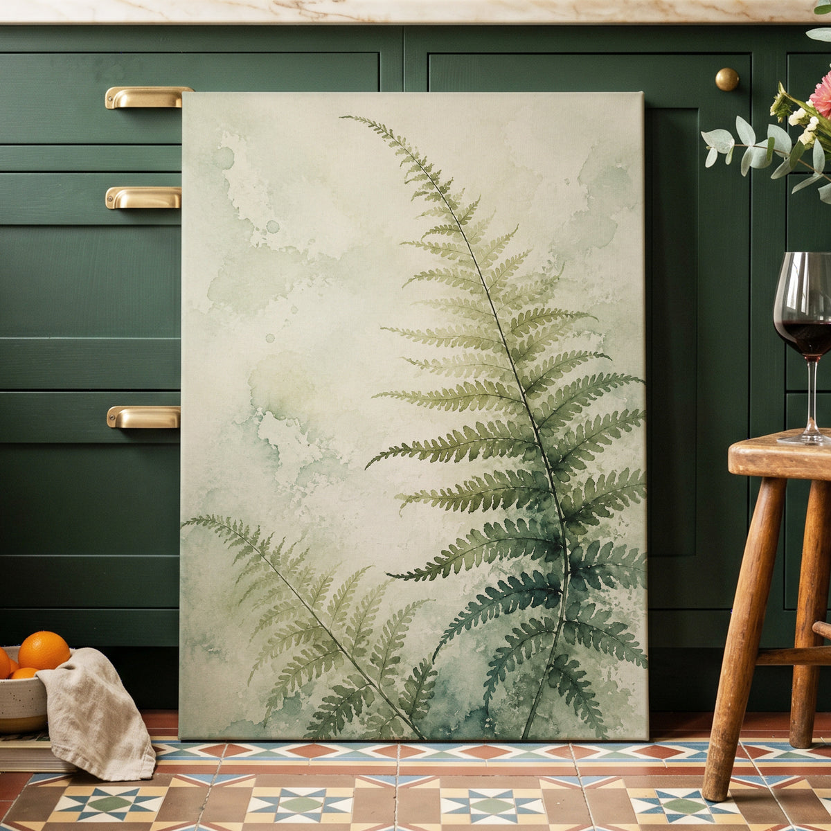Ferns in Pale Mist, green, beige, white nature wall art displayed in a styled interior, gallery view 7