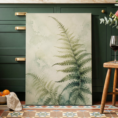 Ferns in Pale Mist, green, beige, white nature wall art displayed in a styled interior, gallery view 7