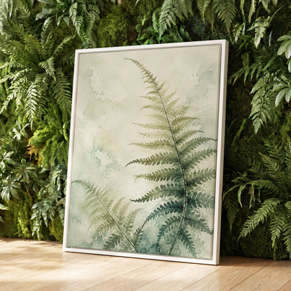 Ferns in Pale Mist, green, beige, white nature wall art displayed in a styled interior, gallery view 8