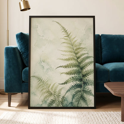 Ferns in Pale Mist, green, beige, white nature wall art displayed in a styled interior, gallery view 9