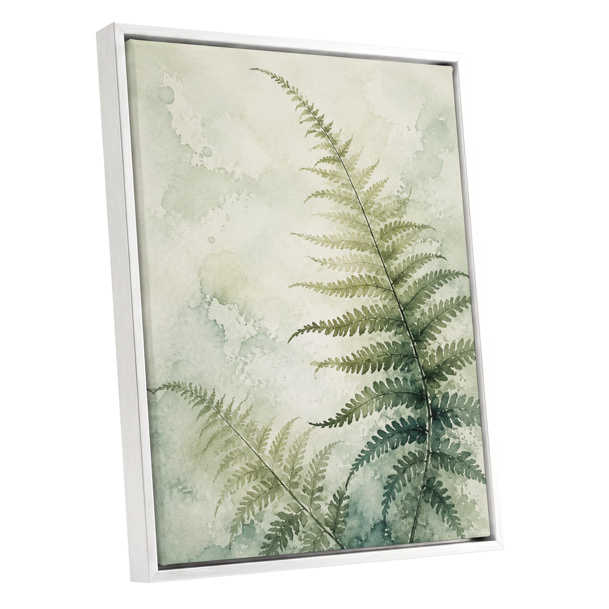 Ferns in Pale Mist, green, beige, white nature wall art shown as a white framed canvas wall art