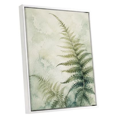Ferns in Pale Mist, green, beige, white nature wall art shown as a white framed canvas wall art