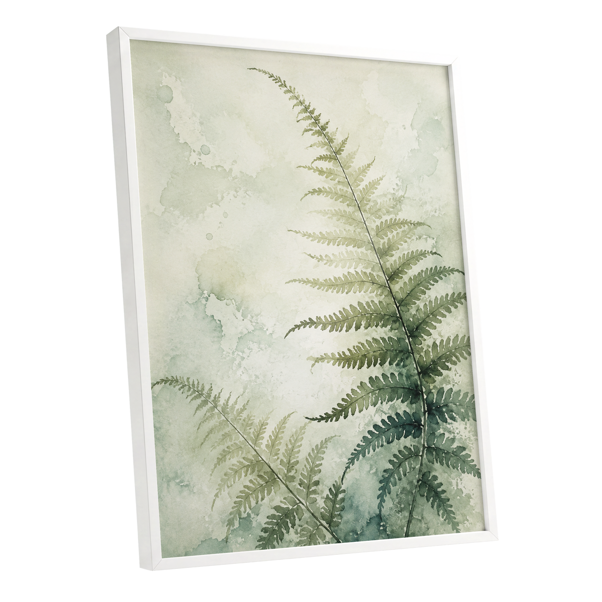 Ferns in Pale Mist, green, beige, white nature wall art shown as a white framed poster wall art print