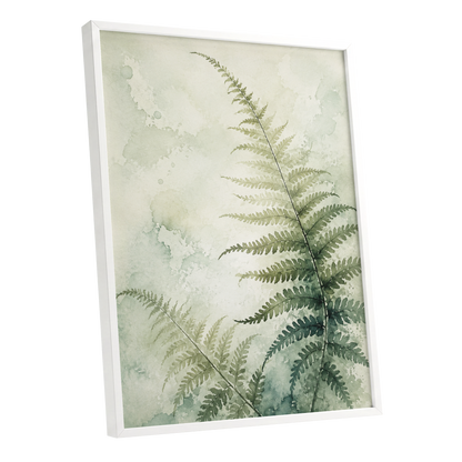 Ferns in Pale Mist, green, beige, white nature wall art shown as a white framed poster wall art print