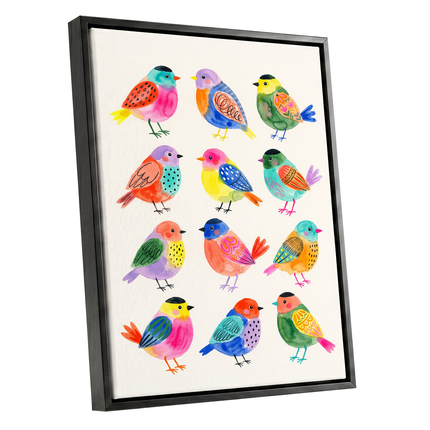 Festival Flock, multicolor, pink, blue nature wall art shown as a black framed canvas wall art