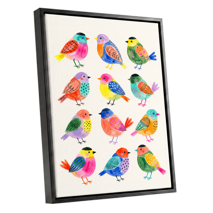 Festival Flock, multicolor, pink, blue nature wall art shown as a black framed canvas wall art