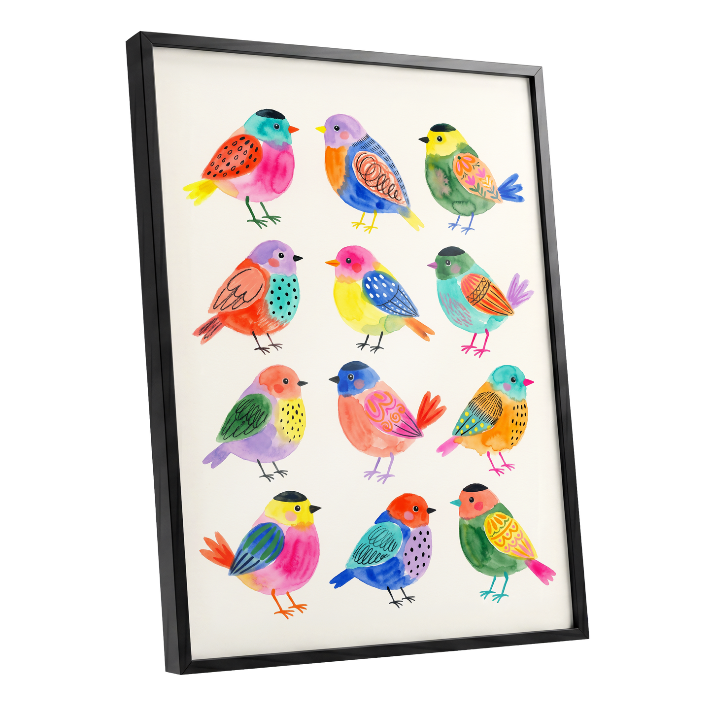 Festival Flock, multicolor, pink, blue nature wall art shown as a black framed poster wall art print