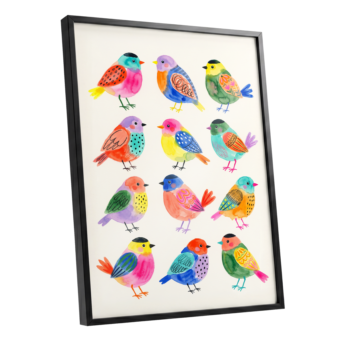 Festival Flock, multicolor, pink, blue nature wall art shown as a black framed poster wall art print