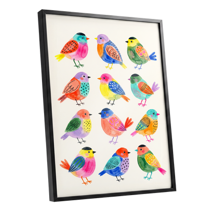 Festival Flock, multicolor, pink, blue nature wall art shown as a black framed poster wall art print