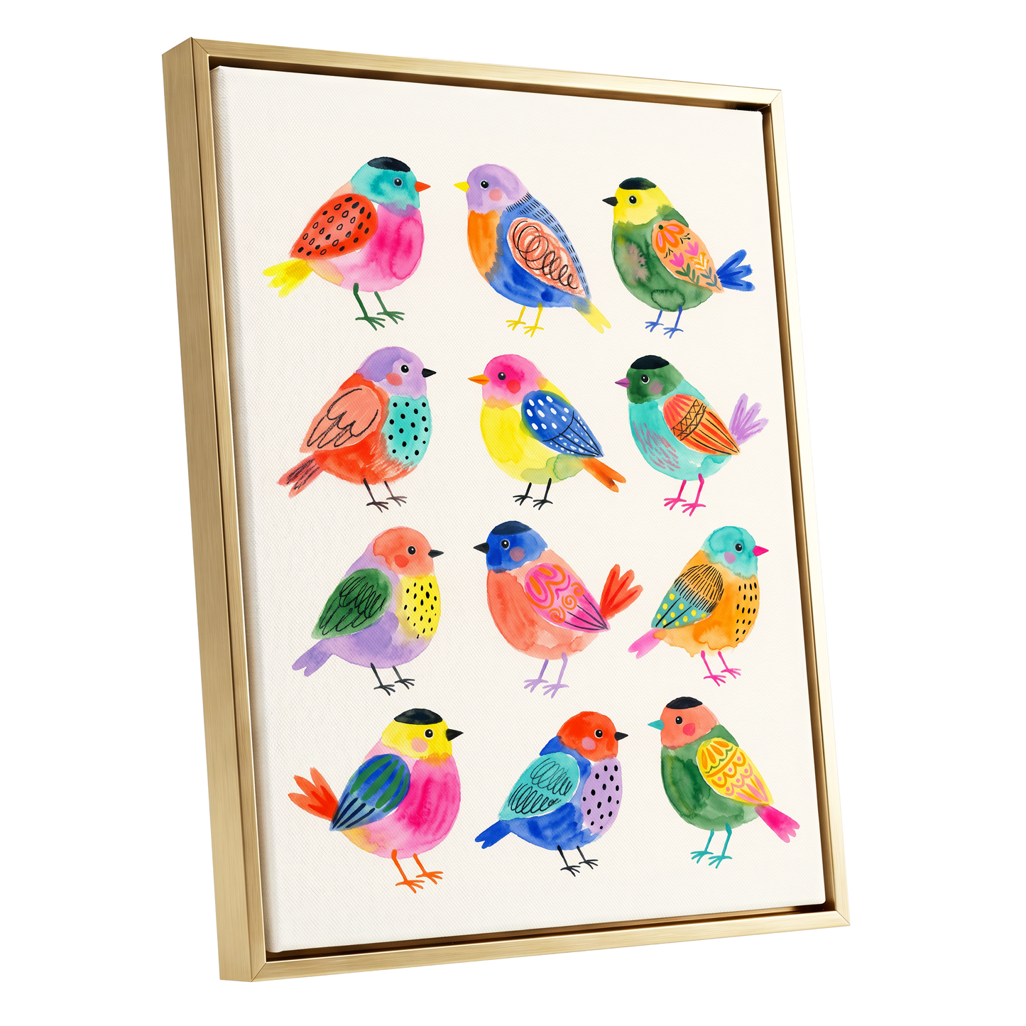 Festival Flock, multicolor, pink, blue nature wall art shown as a gold framed canvas wall art