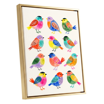 Festival Flock, multicolor, pink, blue nature wall art shown as a gold framed canvas wall art