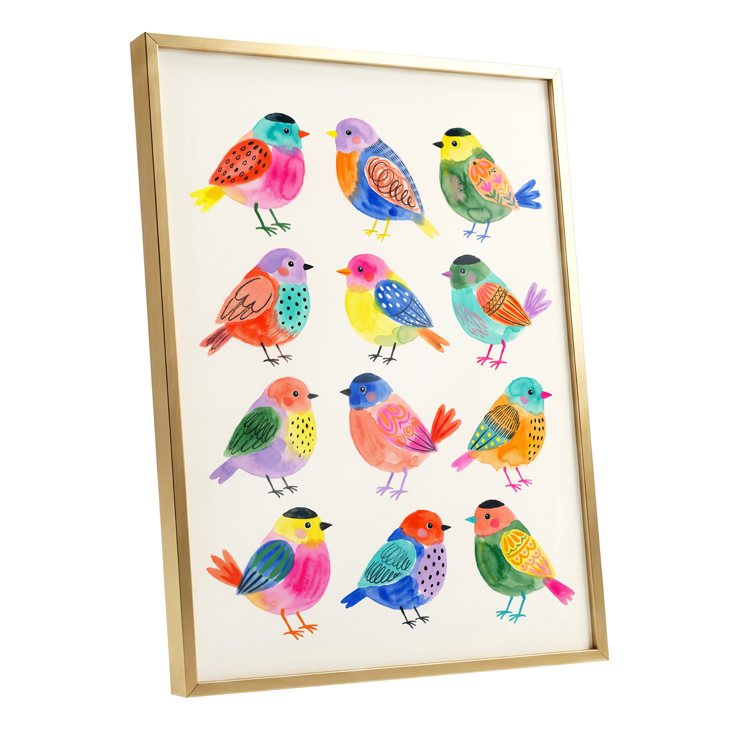 Festival Flock, multicolor, pink, blue nature wall art shown as a gold framed poster wall art print