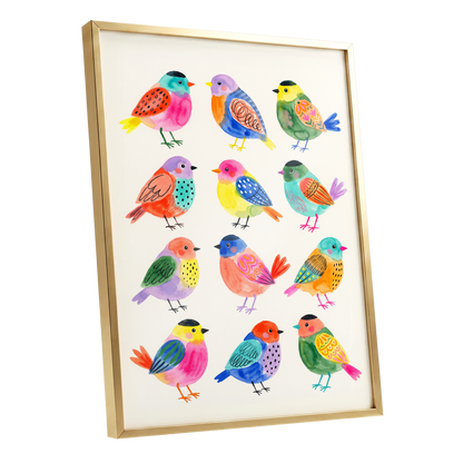 Festival Flock, multicolor, pink, blue nature wall art shown as a gold framed poster wall art print