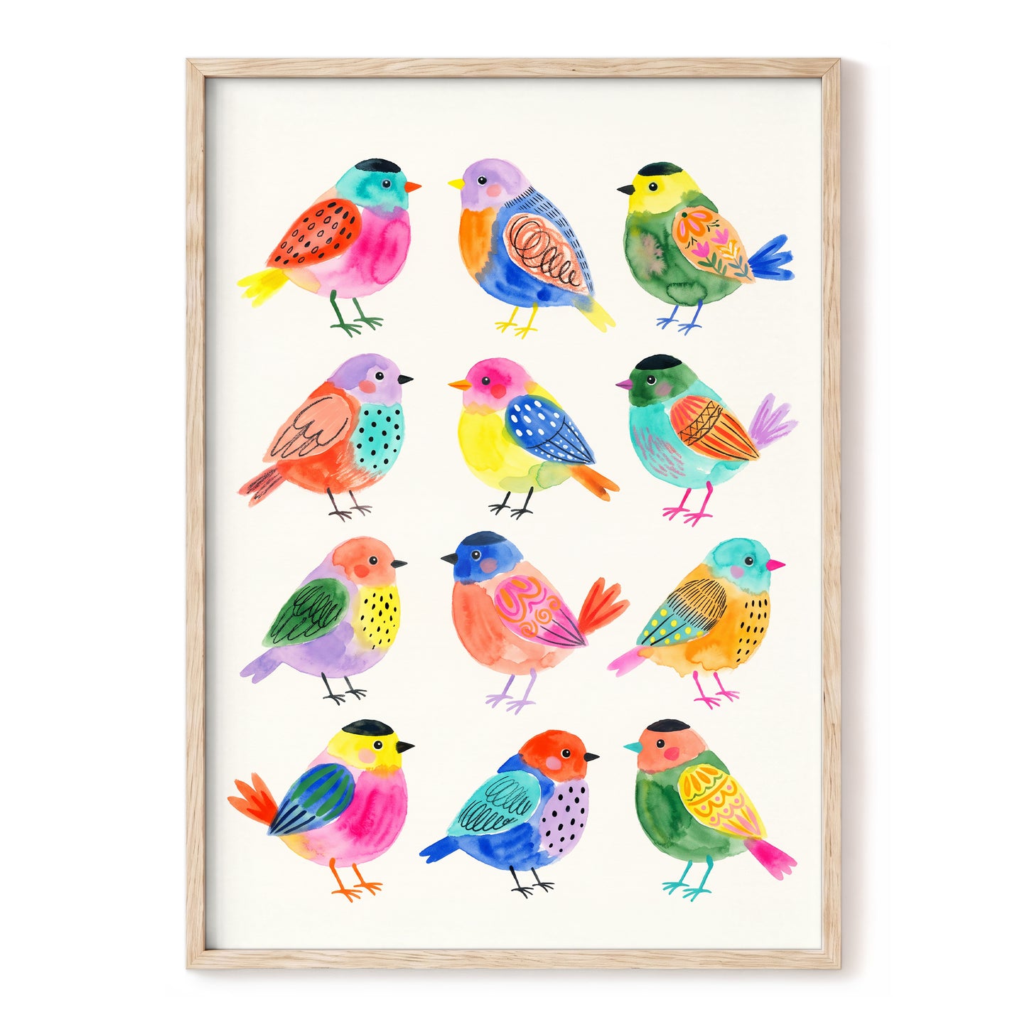 Festival Flock, multicolor, pink, blue nature wall art, front artwork view
