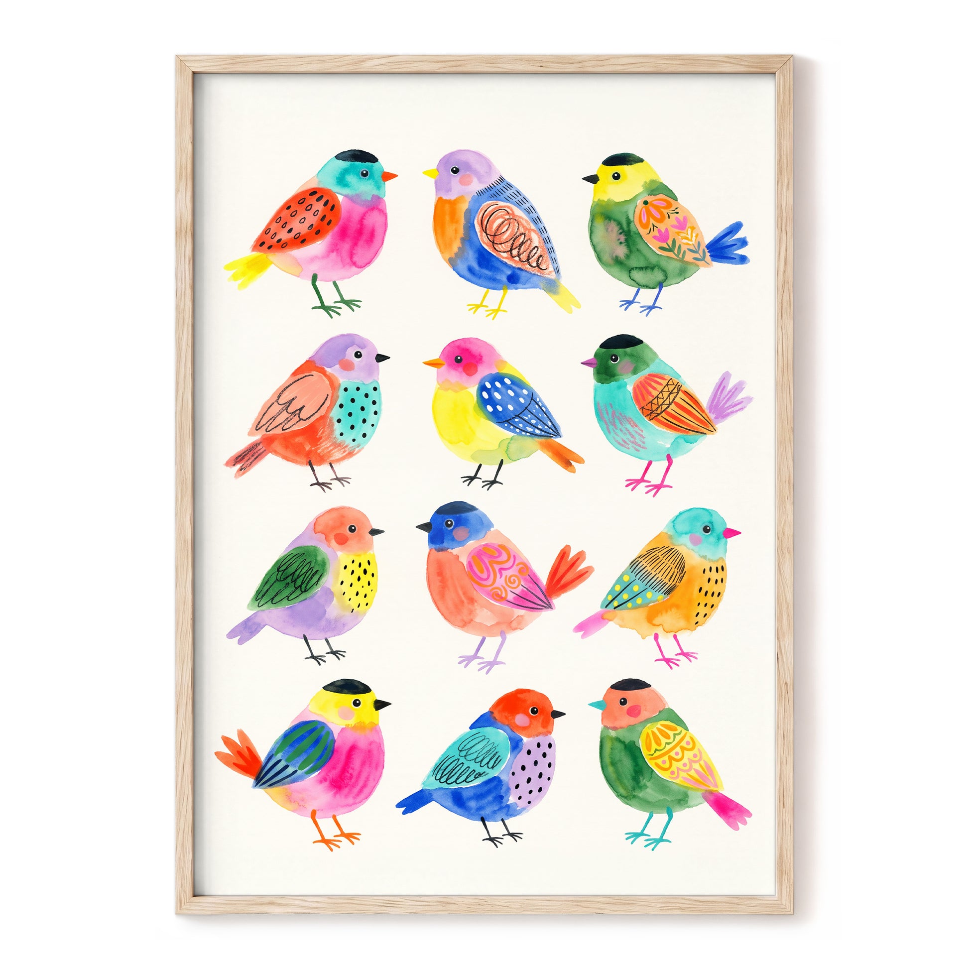 Festival Flock, multicolor, pink, blue nature wall art, front artwork view