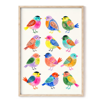 Festival Flock, multicolor, pink, blue nature wall art, front artwork view