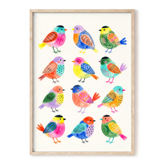 Festival Flock, multicolor, pink, blue nature wall art, front artwork view