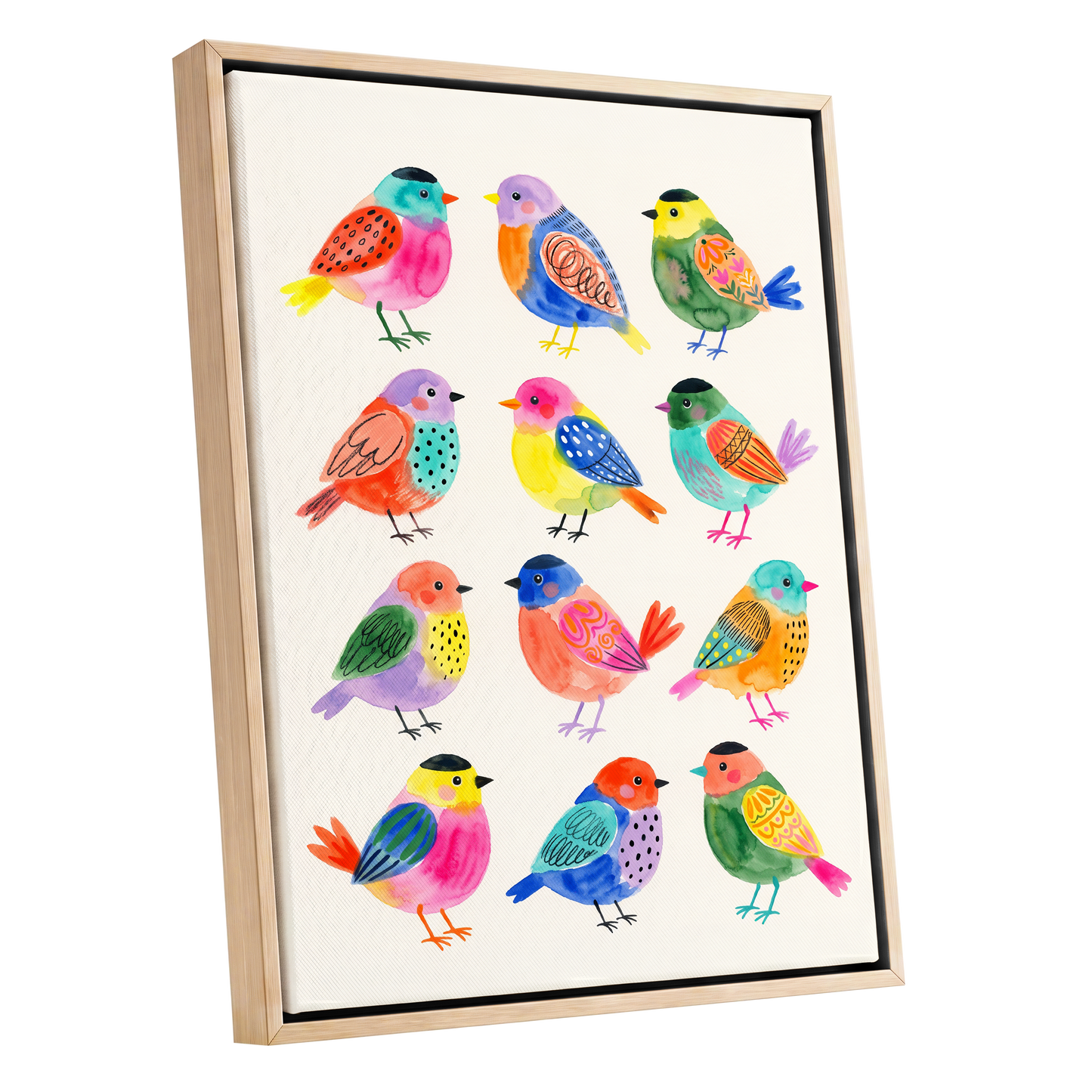 Festival Flock, multicolor, pink, blue nature wall art shown as a oak framed canvas wall art