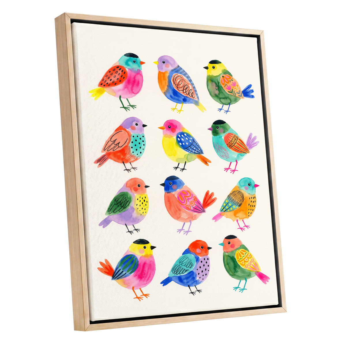 Festival Flock, multicolor, pink, blue nature wall art shown as a oak framed canvas wall art