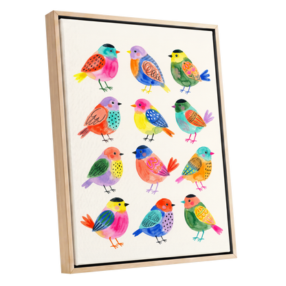 Festival Flock, multicolor, pink, blue nature wall art shown as a oak framed canvas wall art