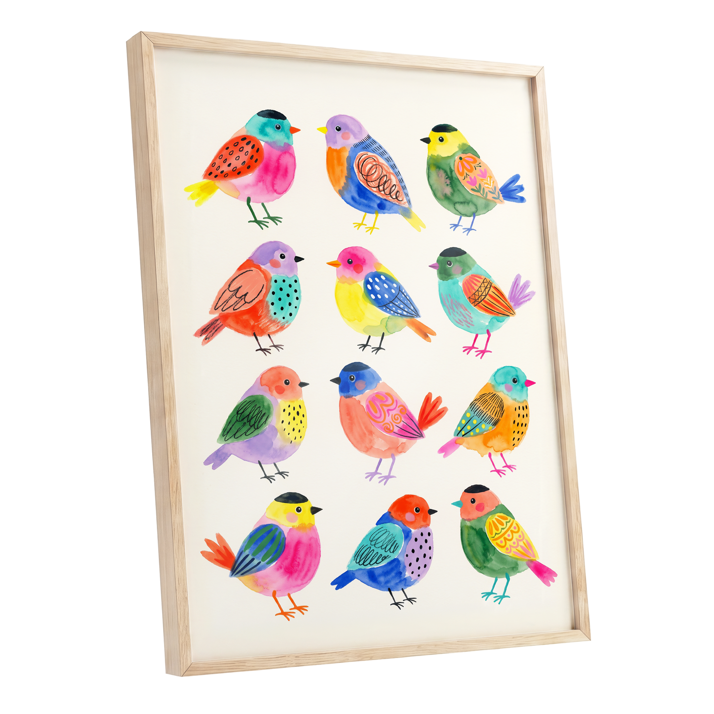 Festival Flock, multicolor, pink, blue nature wall art shown as a oak framed poster wall art print