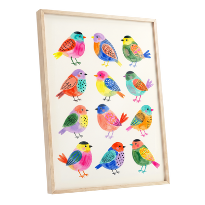 Festival Flock, multicolor, pink, blue nature wall art shown as a oak framed poster wall art print