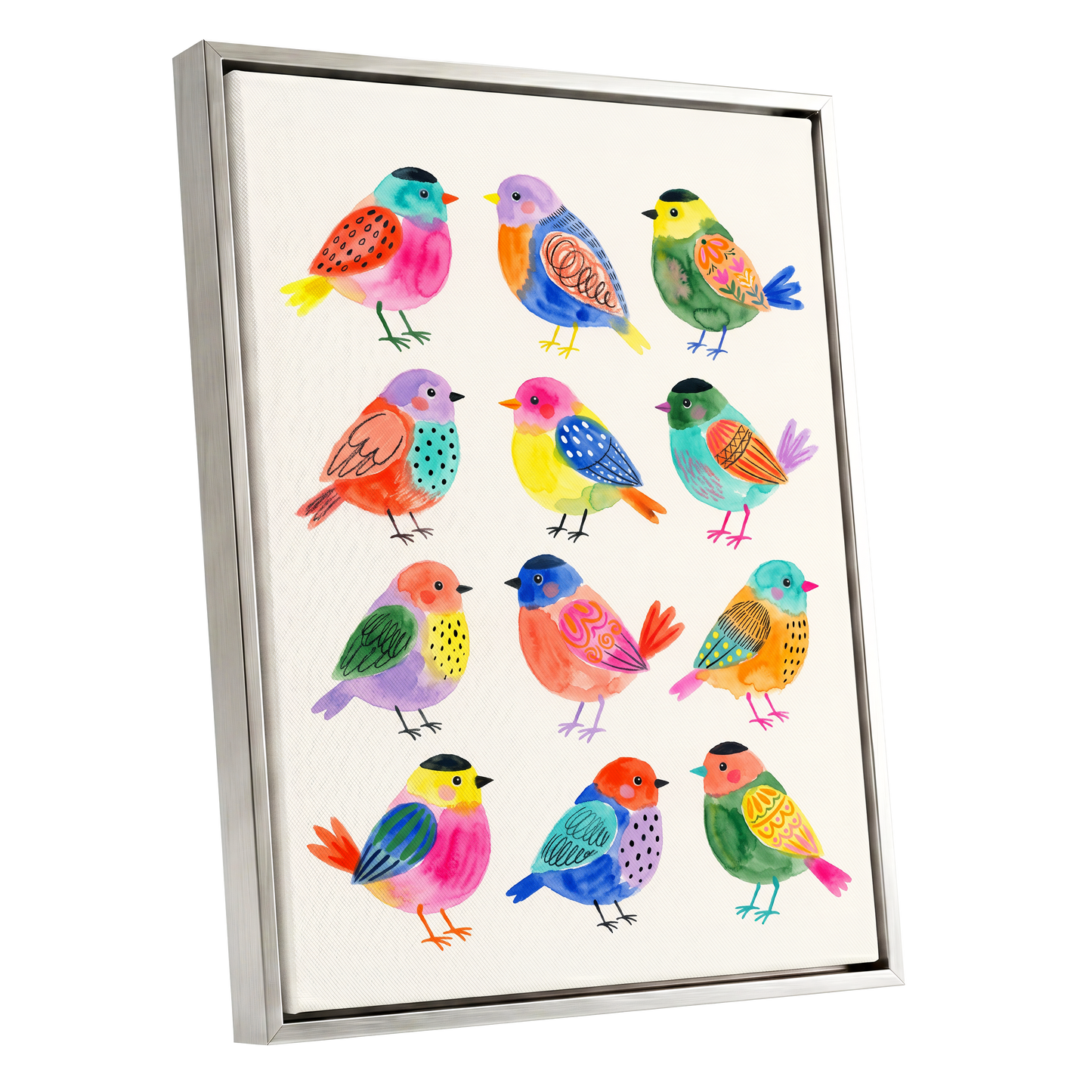 Festival Flock, multicolor, pink, blue nature wall art shown as a silver framed canvas wall art