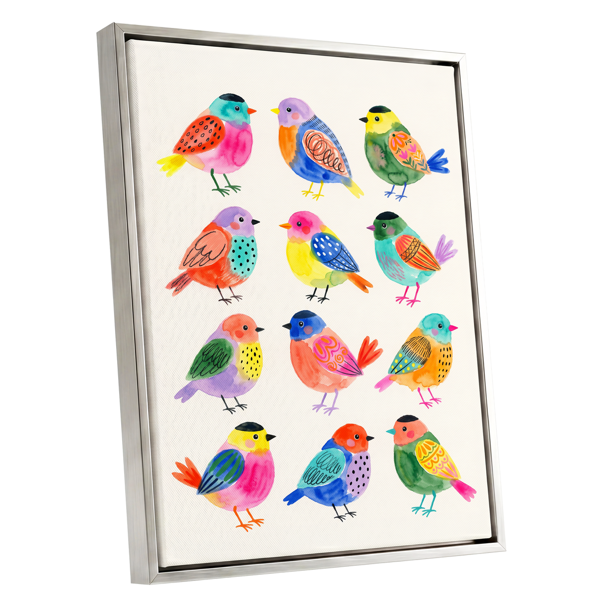 Festival Flock, multicolor, pink, blue nature wall art shown as a silver framed canvas wall art