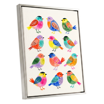 Festival Flock, multicolor, pink, blue nature wall art shown as a silver framed canvas wall art
