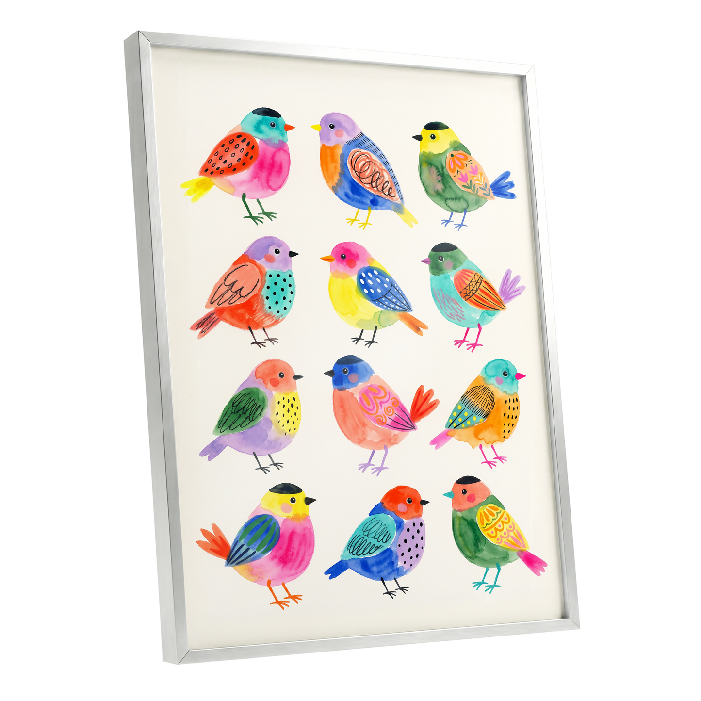 Festival Flock, multicolor, pink, blue nature wall art shown as a silver framed poster wall art print