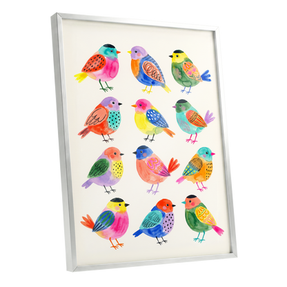 Festival Flock, multicolor, pink, blue nature wall art shown as a silver framed poster wall art print