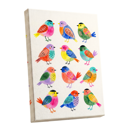 Festival Flock, multicolor, pink, blue nature wall art shown as a stretched canvas wall art